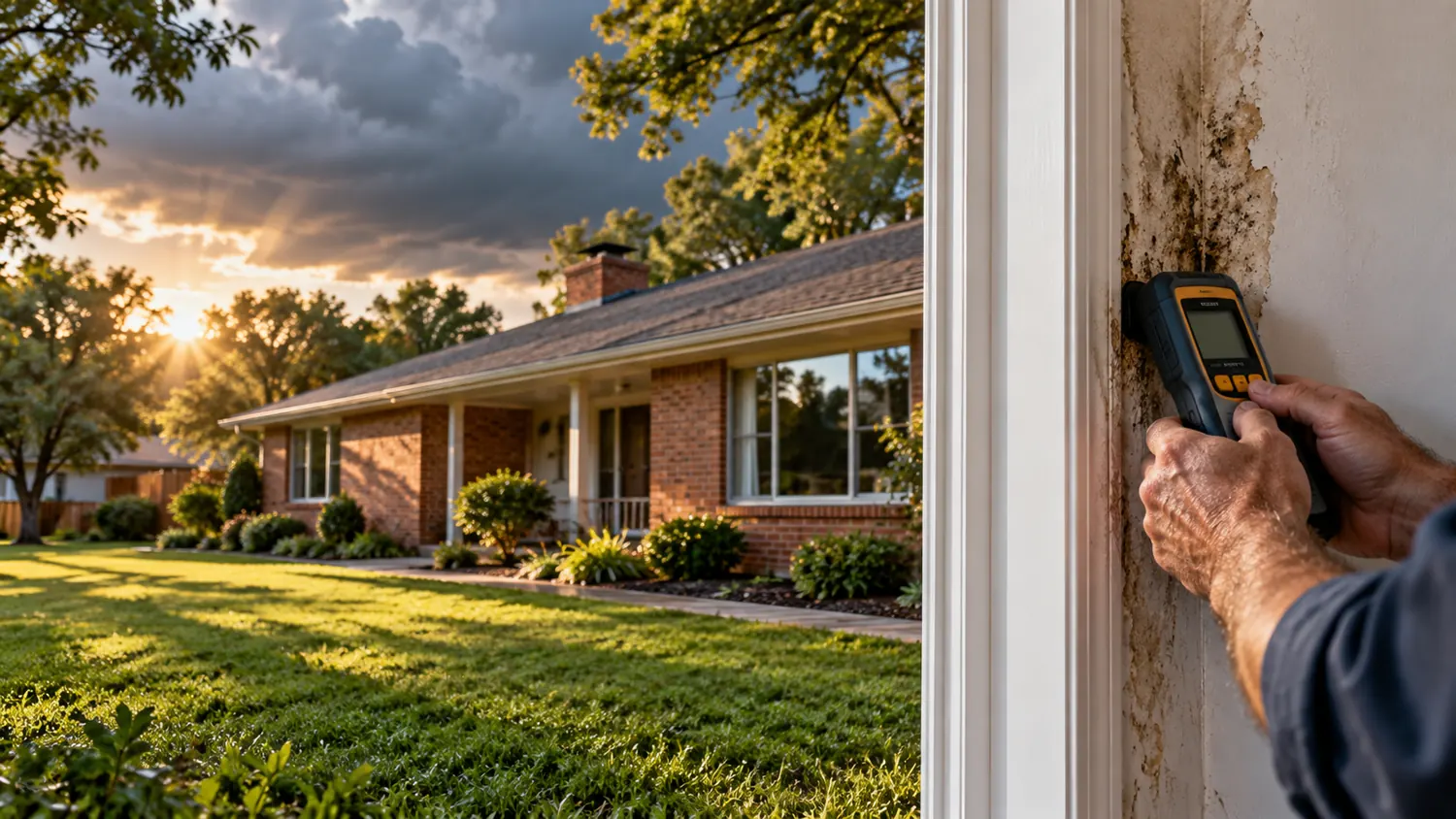 Storm clouds above a home and an interior moisture check