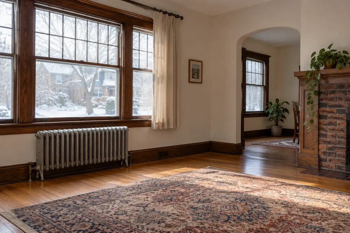 Living room with a cast-iron radiator beneath tall windows, post-remediation verification in Oklahoma City, OK